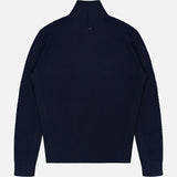 Danton Cotton Quarter Zip Sweater by RAG & BONE shown flat from the back, featuring a navy blue textured knit, long sleeves, collar, and lightweight cotton on a white background.