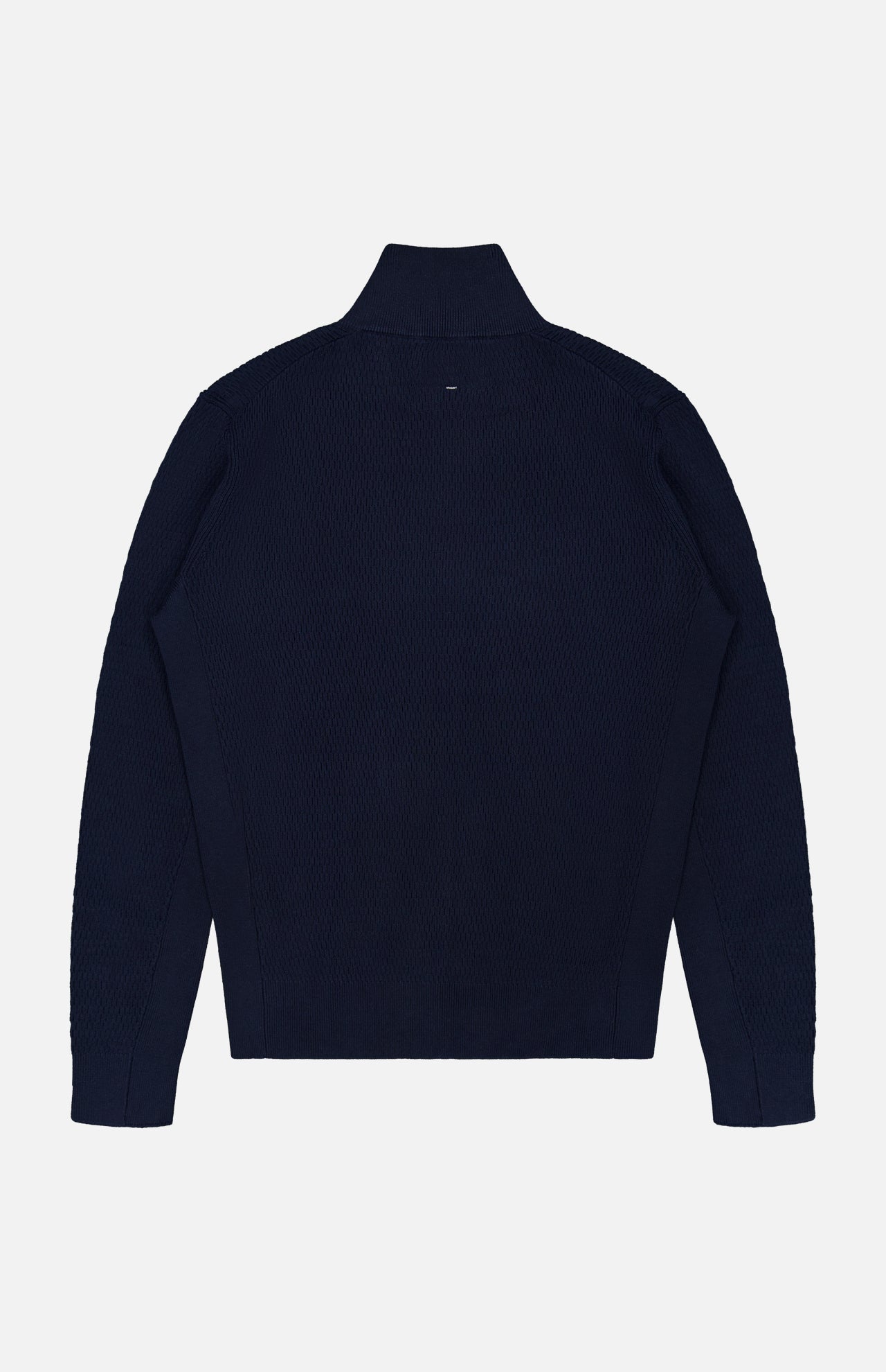 Danton Cotton Quarter Zip Sweater by RAG & BONE shown flat from the back, featuring a navy blue textured knit, long sleeves, collar, and lightweight cotton on a white background.
