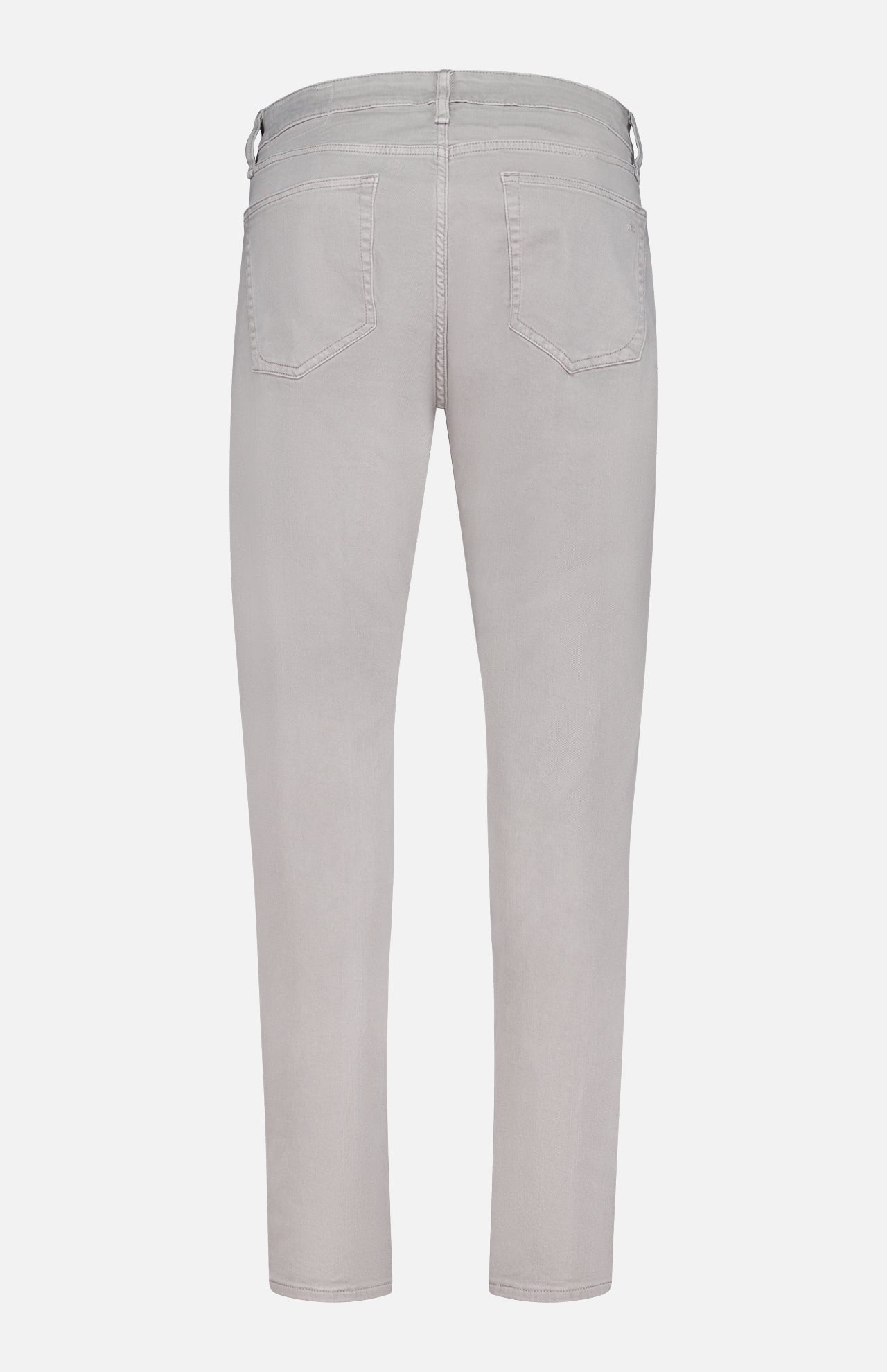 Back view of the RAG & BONE Fit 3 Aero Stretch Pant in light grey, crafted with comfort denim and Aero Stretch technology, featuring two rear pockets, belt loops, and visible stitching, displayed against a white background.
