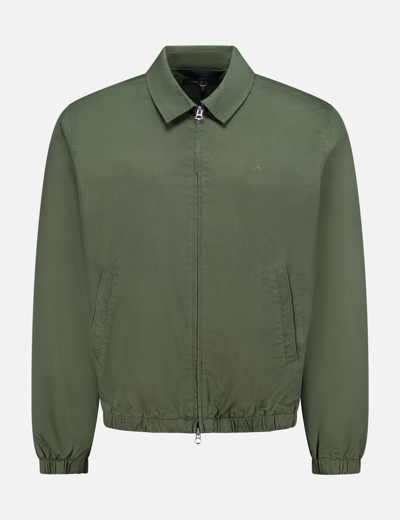 The Harrington Cotton Jacket by RAG & BONE, crafted from khaki green cotton twill, features a classic collar, elastic cuffs, and side pockets. Inspired by timeless British sportswear style, it is displayed on a plain white background.