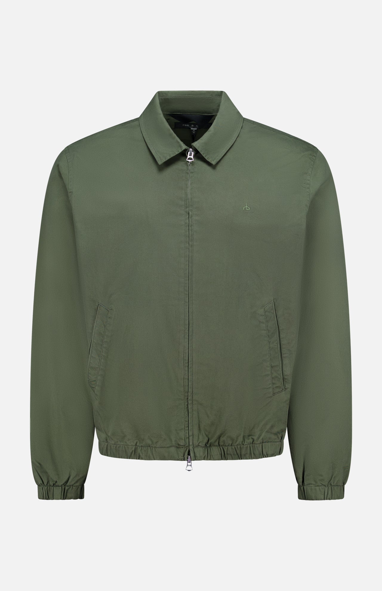 The Harrington Cotton Jacket by RAG & BONE, crafted from khaki green cotton twill, features a classic collar, elastic cuffs, and side pockets. Inspired by timeless British sportswear style, it is displayed on a plain white background.