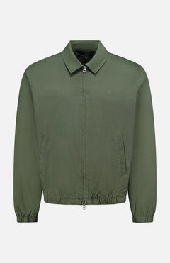The Harrington Cotton Jacket by RAG & BONE, crafted from khaki green cotton twill, features a classic collar, elastic cuffs, and side pockets. Inspired by timeless British sportswear style, it is displayed on a plain white background.