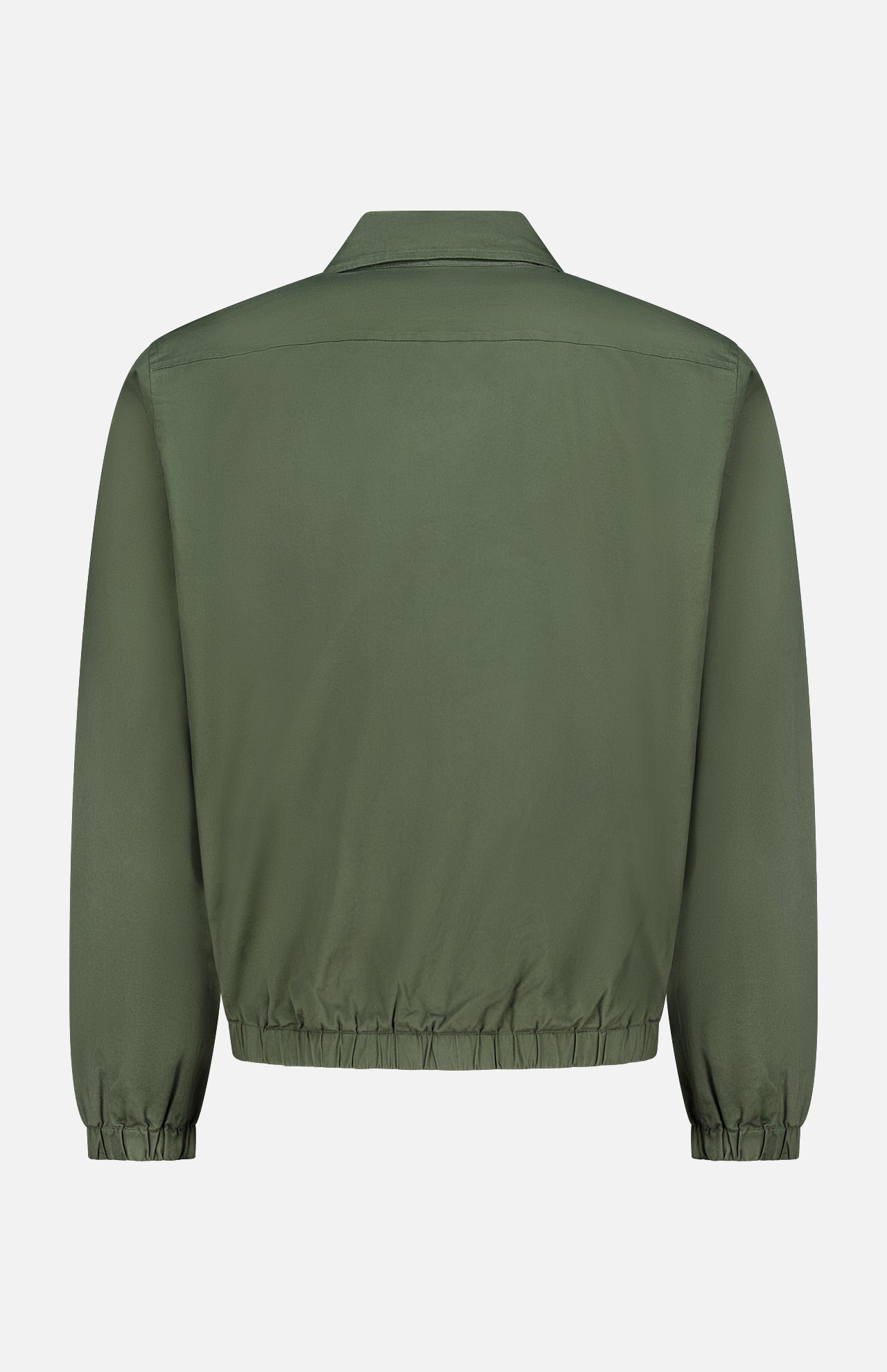 Back view of the RAG & BONE Harrington Cotton Jacket in dark green cotton twill, featuring a collar, elastic waistband, and elastic cuffs—classic British sportswear inspiration—shown on a white background.
