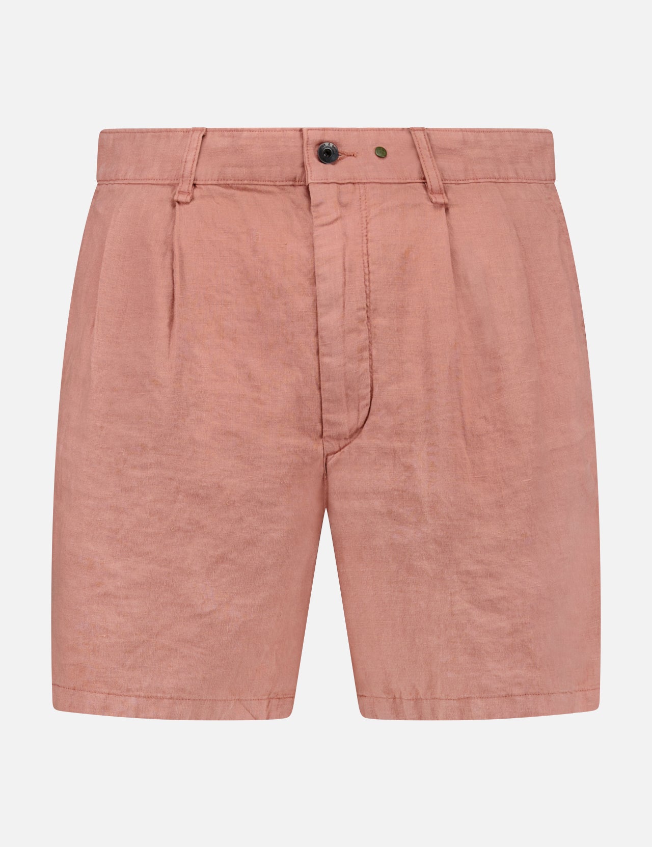 The RAG & BONE Jackson Pleated Linen Short in light pink features a classic fit, belt loops, front pleats, button closure, and zip fly, shown against a plain white background.