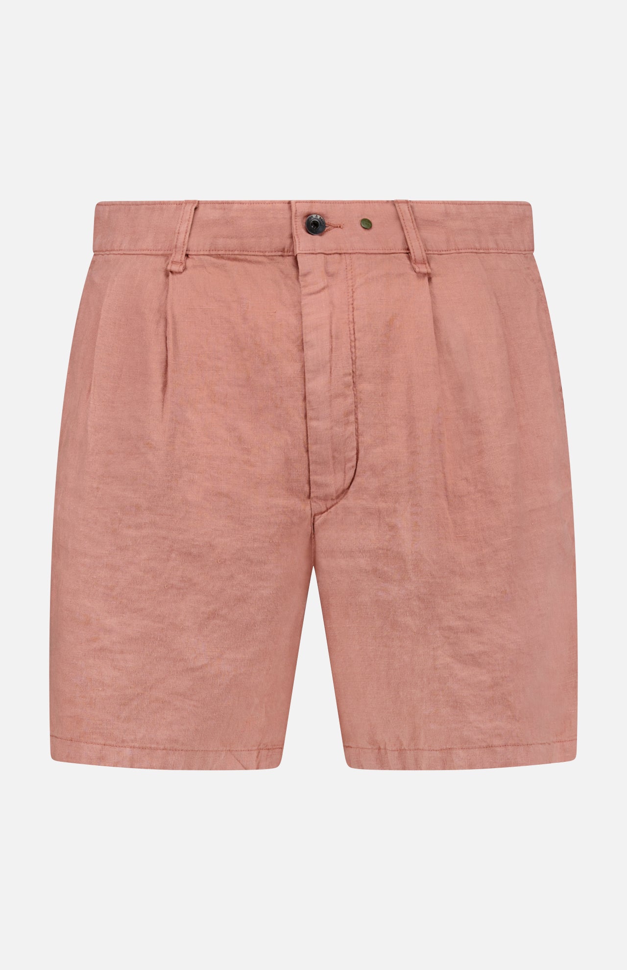 The RAG & BONE Jackson Pleated Linen Short in light pink features a classic fit, belt loops, front pleats, button closure, and zip fly, shown against a plain white background.