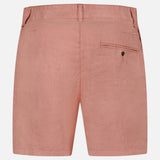 Back view of RAG & BONE Jackson Pleated Linen Short in pink, featuring belt loops, two side pockets, and a single buttoned back pocket on the right side, shown against a plain white background.