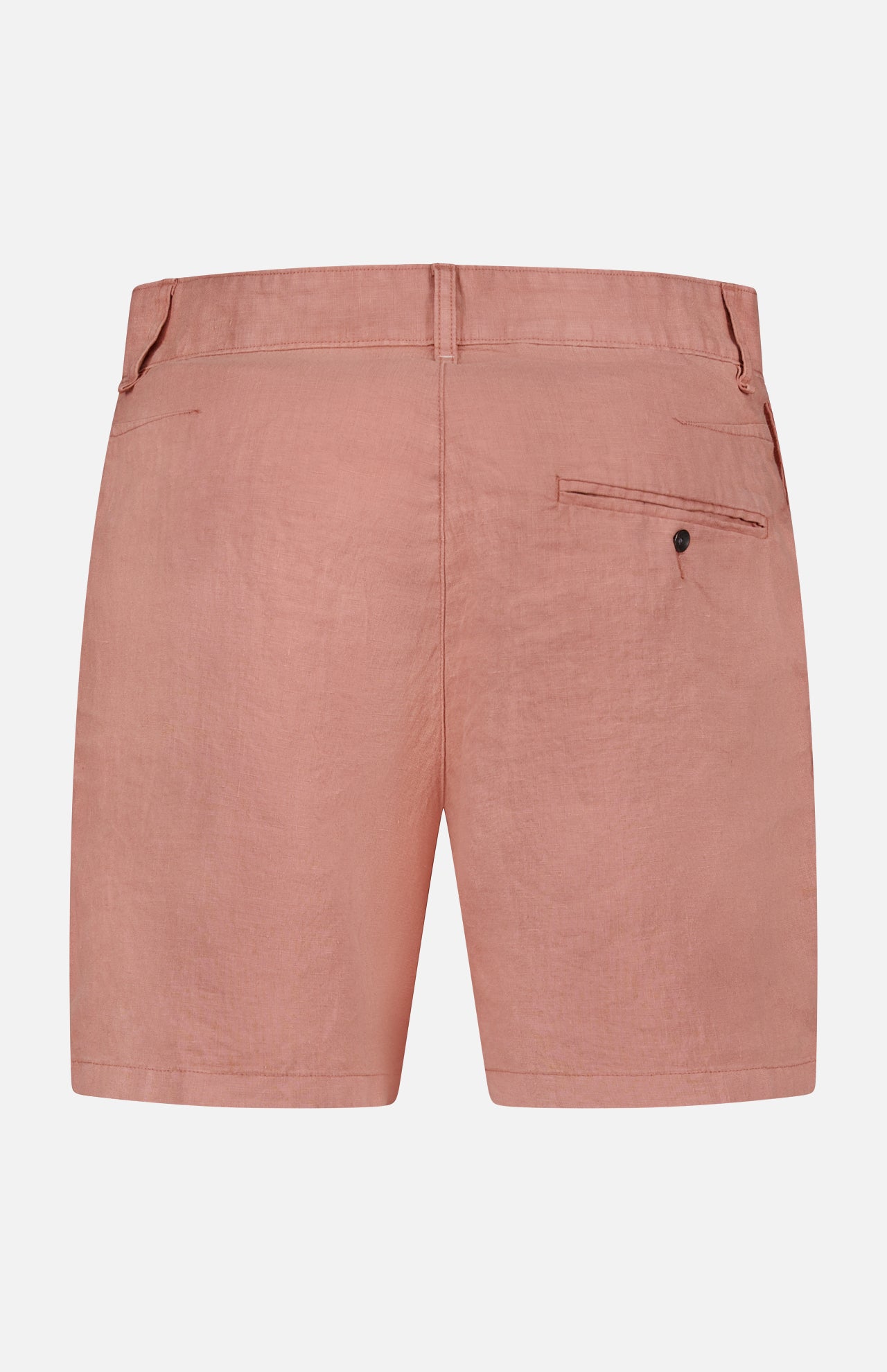 Back view of RAG & BONE Jackson Pleated Linen Short in pink, featuring belt loops, two side pockets, and a single buttoned back pocket on the right side, shown against a plain white background.