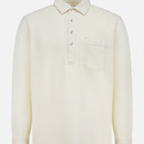 The RAG & BONE Popover Long Sleeve Shirt is a cream-colored men's cotton shirt with a buttoned placket, pointed collar, and single chest pocket—a minimalist off-white style shown on a white background.