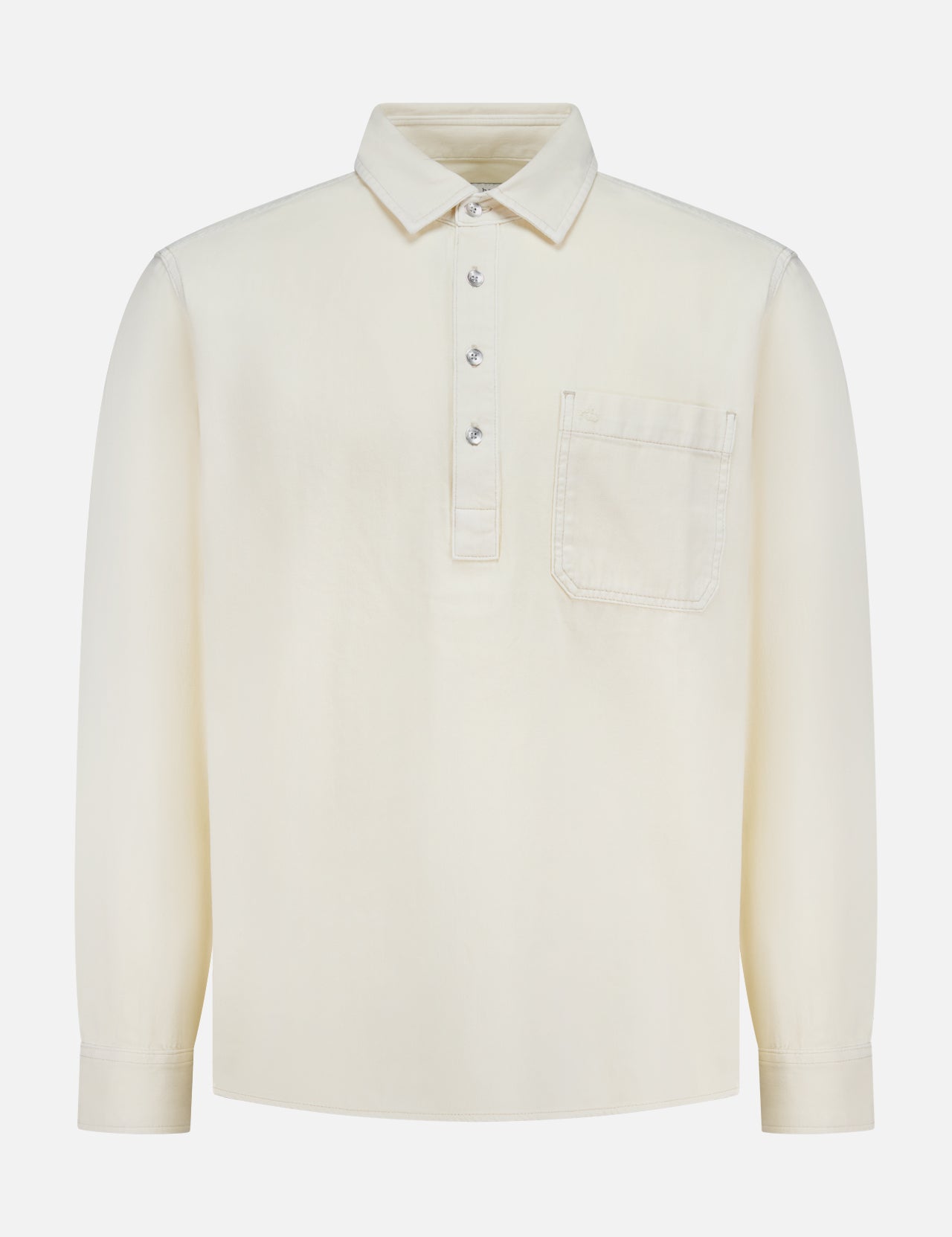 The RAG & BONE Popover Long Sleeve Shirt is a cream-colored men's cotton shirt with a buttoned placket, pointed collar, and single chest pocket—a minimalist off-white style shown on a white background.