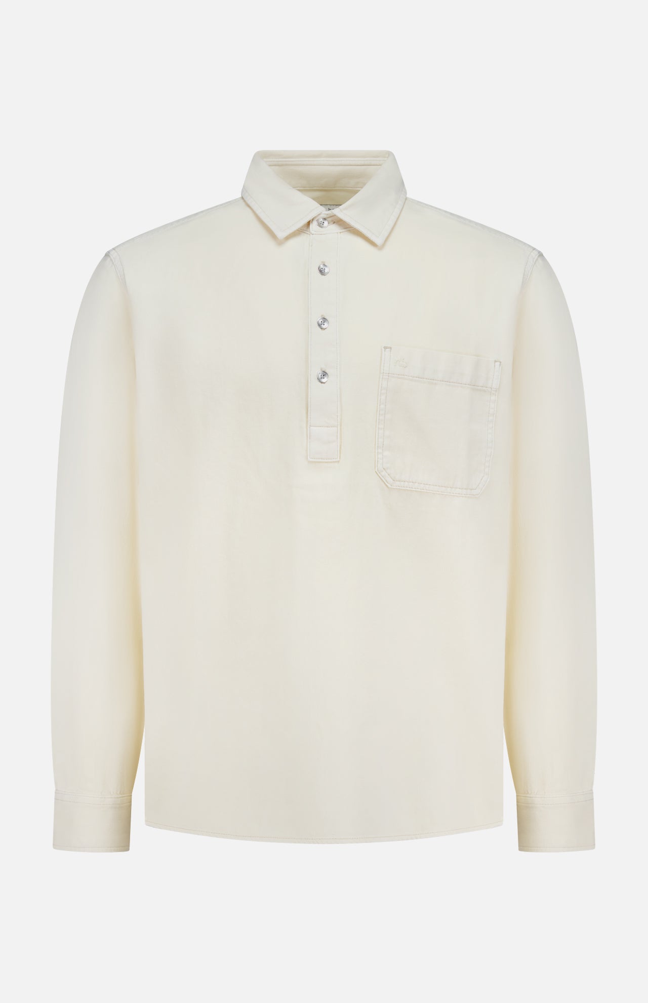 The RAG & BONE Popover Long Sleeve Shirt is a cream-colored men's cotton shirt with a buttoned placket, pointed collar, and single chest pocket—a minimalist off-white style shown on a white background.