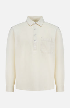 The RAG & BONE Popover Long Sleeve Shirt is a cream-colored men's cotton shirt with a buttoned placket, pointed collar, and single chest pocket—a minimalist off-white style shown on a white background.