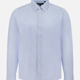 The RB Classic Striped Oxford Shirt by RAG & BONE features light blue and white vertical stripes, long sleeves, and a button-down collar, shown against a plain white background.