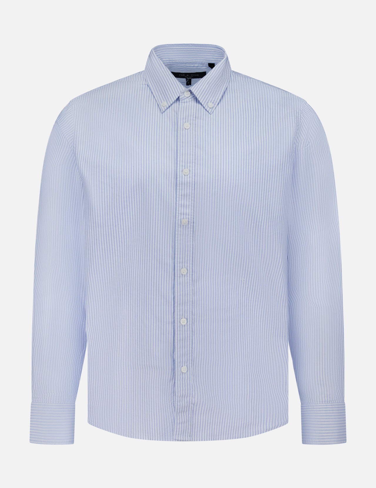 The RB Classic Striped Oxford Shirt by RAG & BONE features light blue and white vertical stripes, long sleeves, and a button-down collar, shown against a plain white background.