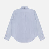 Back view of the RB Classic Striped Oxford Shirt by RAG & BONE, featuring blue stripes, a classic collar, and buttoned cuffs, laid flat on a white background.