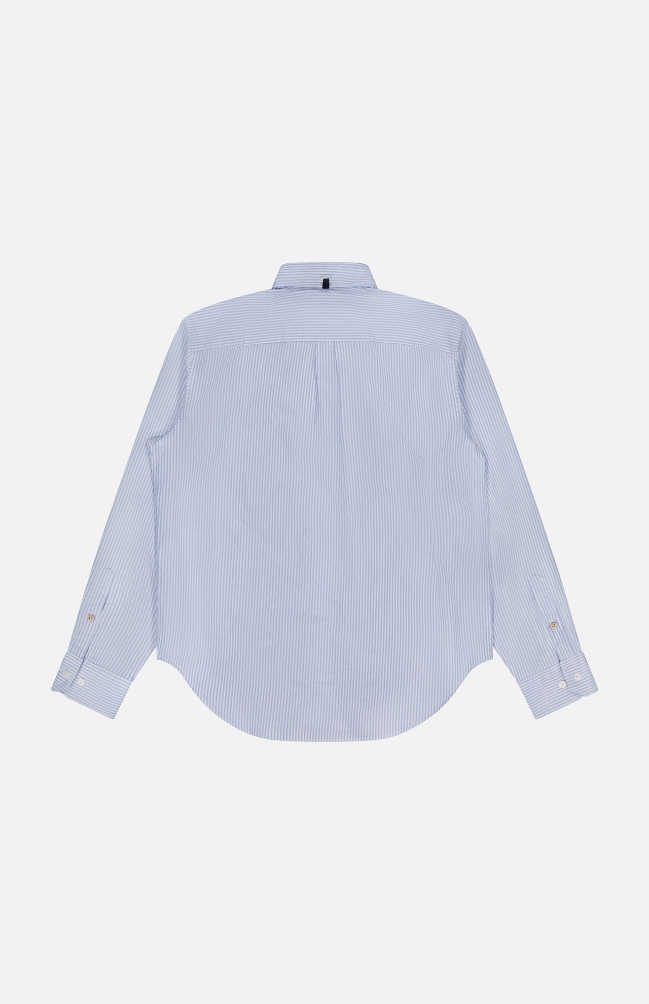 Back view of the RB Classic Striped Oxford Shirt by RAG & BONE, featuring blue stripes, a classic collar, and buttoned cuffs, laid flat on a white background.