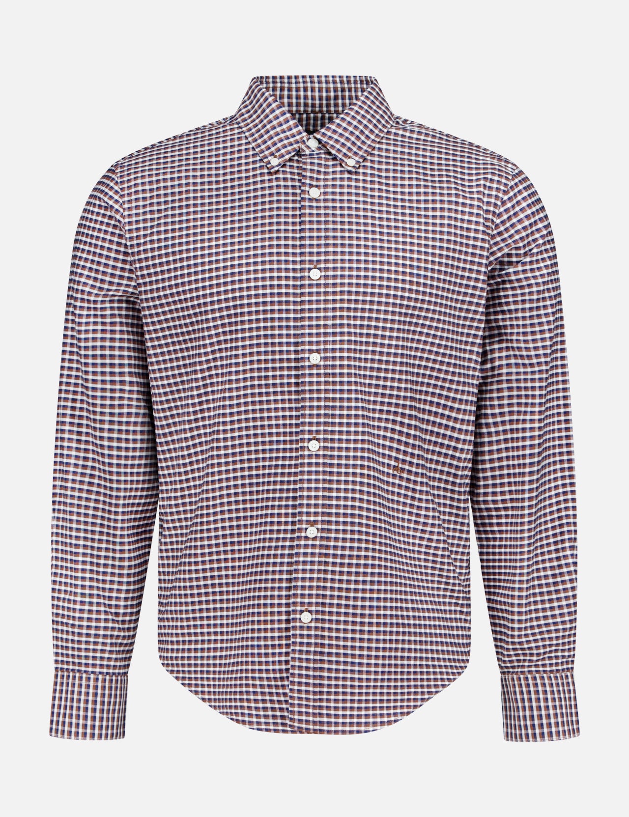 The Classic Oxford Dress Shirt by RAG & BONE features long sleeves, a button-up front, and a collared neckline. Showcasing a subtle small checkered pattern in shades of red, white, and blue, this shirt is crafted from 100% cotton and is presented against a plain white background.