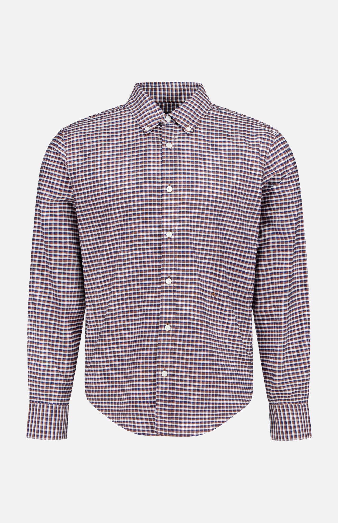 The Classic Oxford Dress Shirt by RAG & BONE features long sleeves, a button-up front, and a collared neckline. Showcasing a subtle small checkered pattern in shades of red, white, and blue, this shirt is crafted from 100% cotton and is presented against a plain white background.