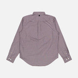 The RAG & BONE Classic Oxford Dress Shirt, crafted from 100% cotton and featuring a small red, blue, and white checkered pattern, is displayed from the back against a white background.