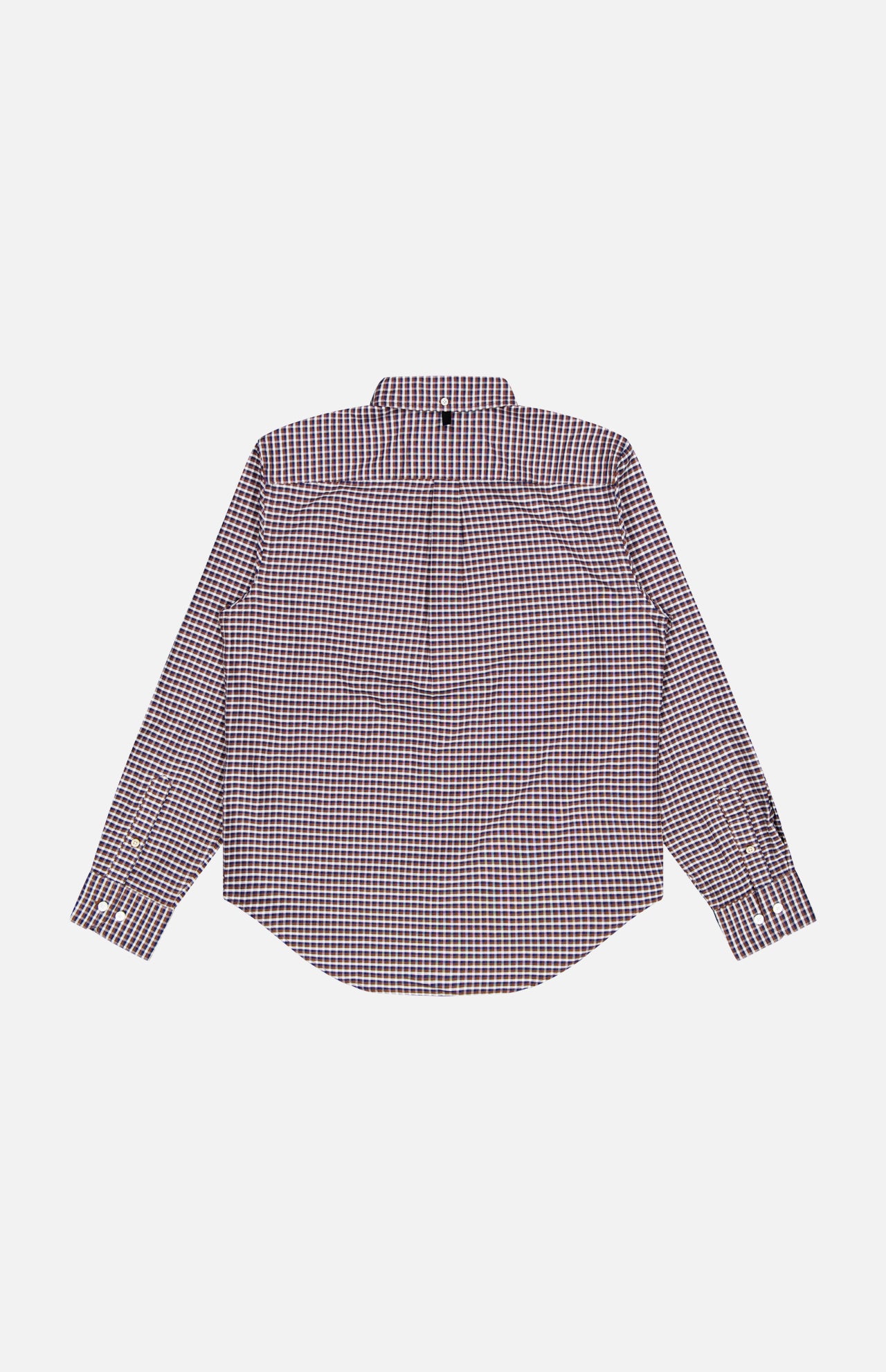 The RAG & BONE Classic Oxford Dress Shirt, crafted from 100% cotton and featuring a small red, blue, and white checkered pattern, is displayed from the back against a white background.