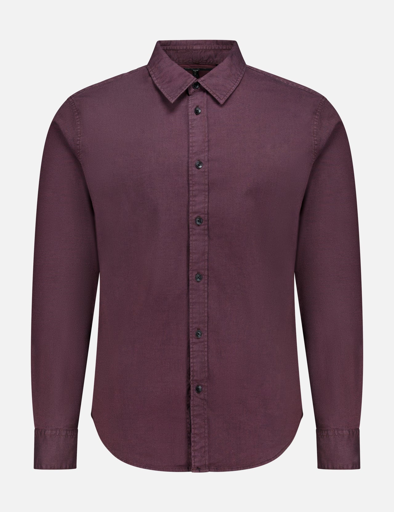 The Tomlin Dobby Dress Shirt by RAG & BONE is a long-sleeved, button-up burgundy shirt with a collar, crafted from stretch cotton and displayed on a plain white background.