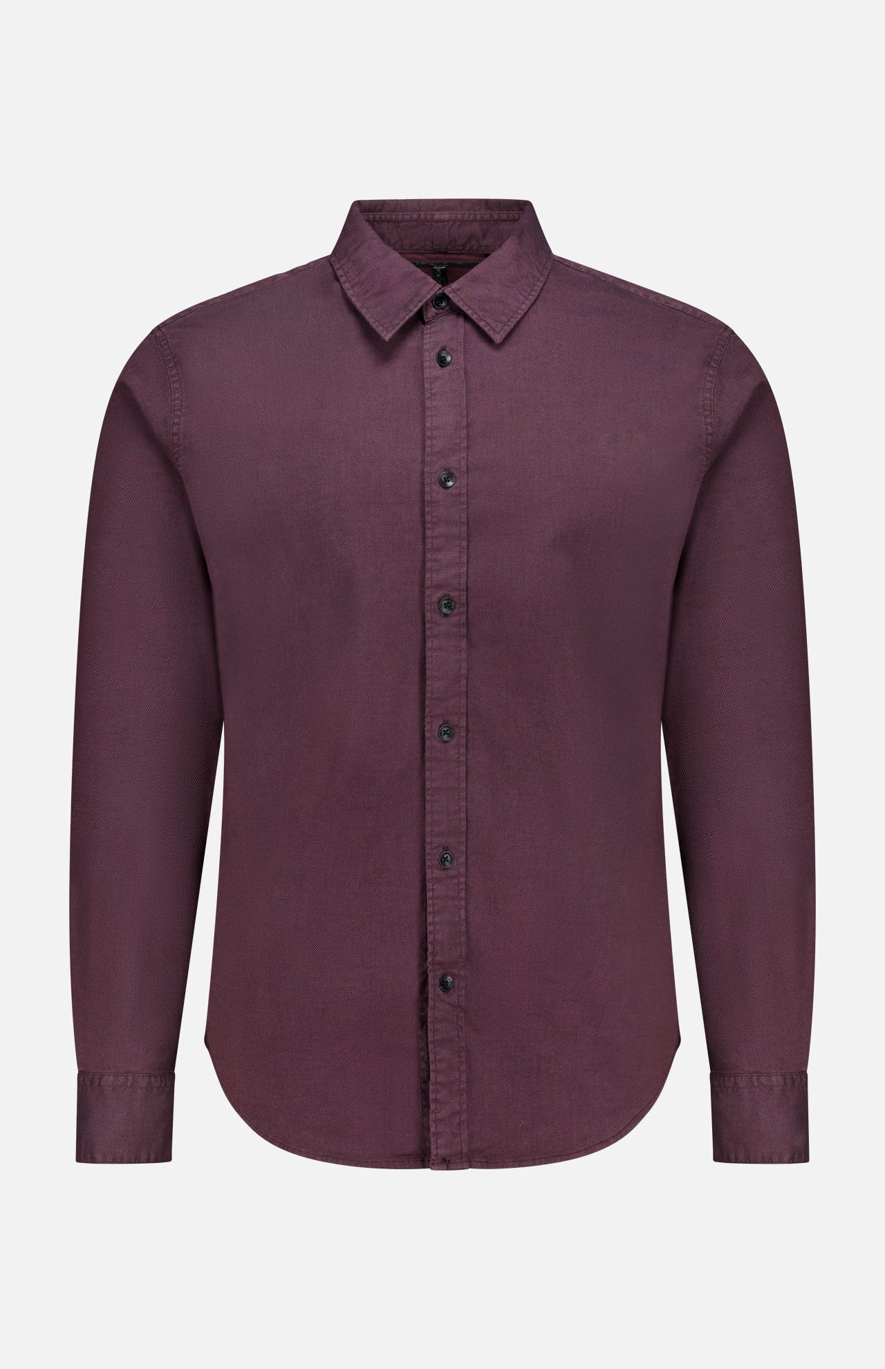 The Tomlin Dobby Dress Shirt by RAG & BONE is a long-sleeved, button-up burgundy shirt with a collar, crafted from stretch cotton and displayed on a plain white background.
