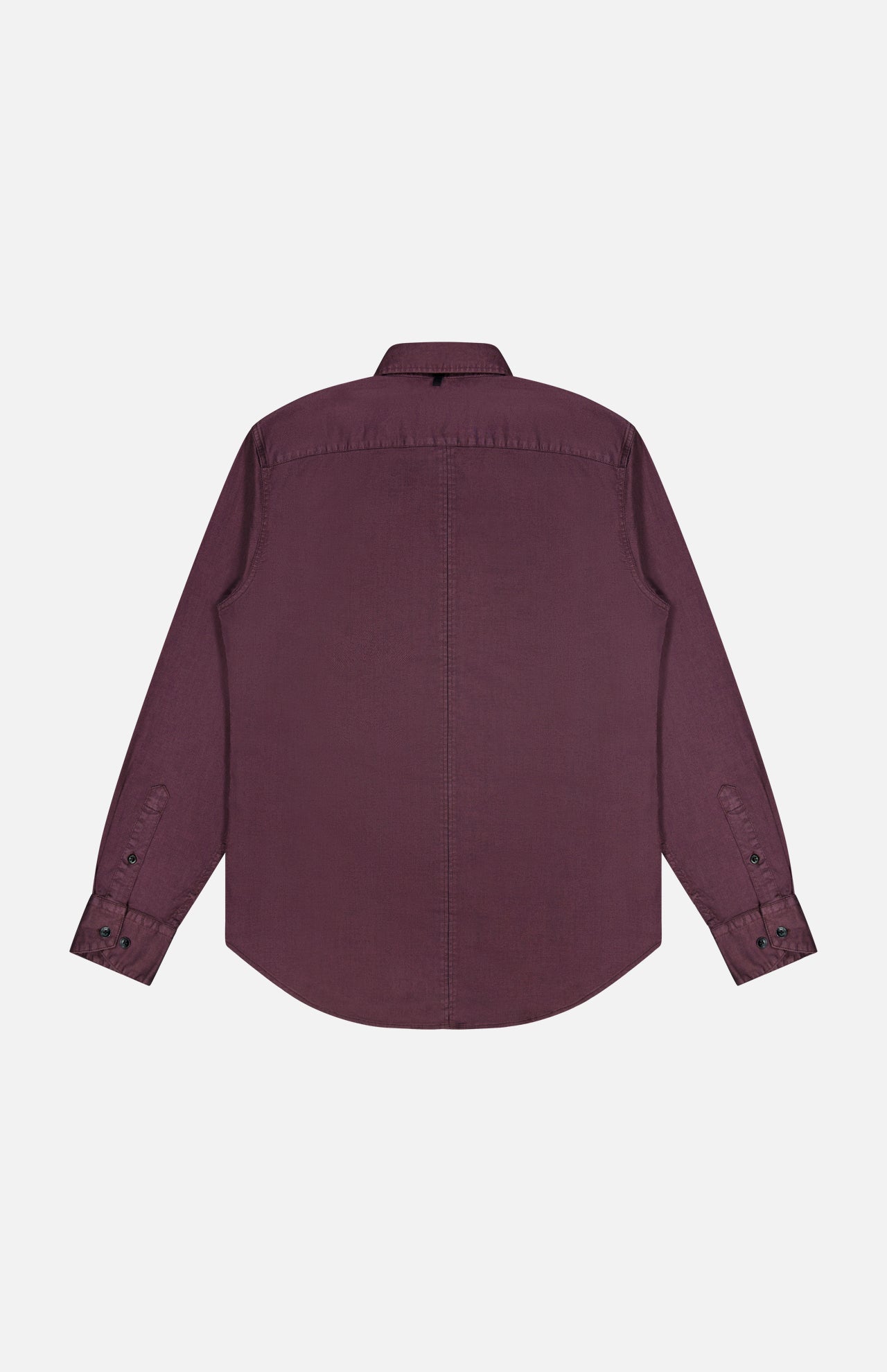 A RAG & BONE Tomlin Dobby Dress Shirt, featuring long sleeves and button cuffs in a dark maroon burgundy hue, is laid flat with the back side visible against a plain white background.