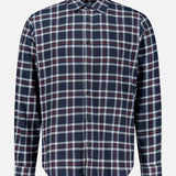 The Tomlin Flannel Shirt by RAG & BONE is a long-sleeve, button-up plaid shirt in navy blue, white, and red, shown on a plain white background.