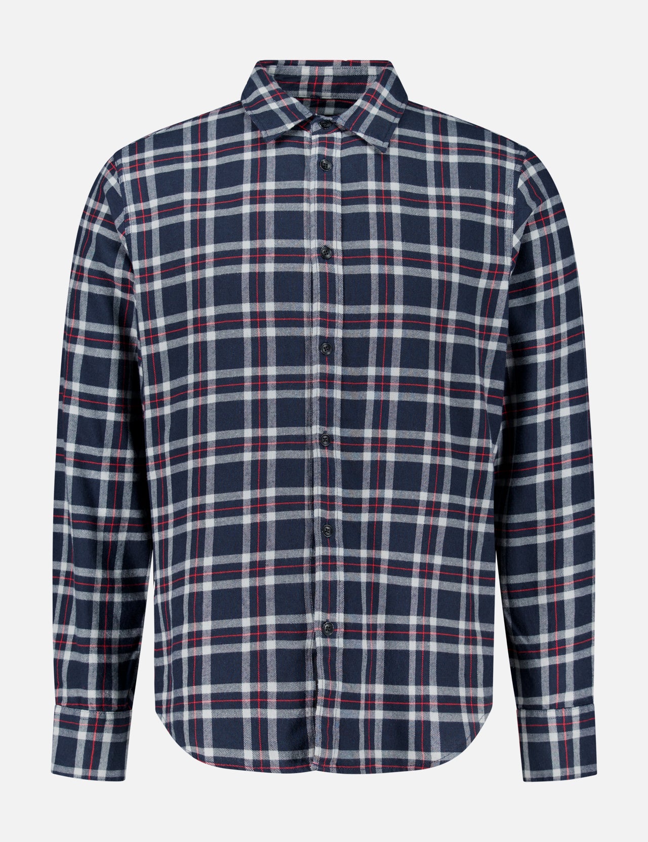 The Tomlin Flannel Shirt by RAG & BONE is a long-sleeve, button-up plaid shirt in navy blue, white, and red, shown on a plain white background.