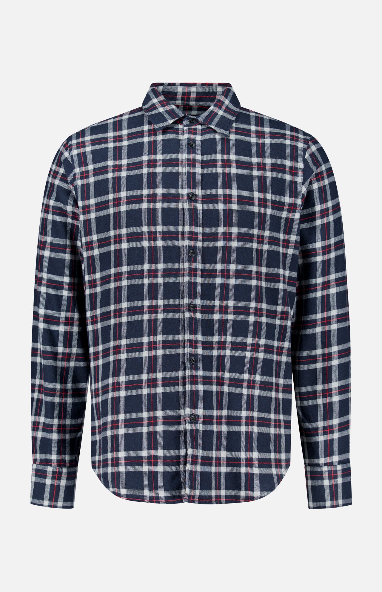 The Tomlin Flannel Shirt by RAG & BONE is a long-sleeve, button-up plaid shirt in navy blue, white, and red, shown on a plain white background.