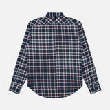 The Tomlin Flannel Shirt by RAG & BONE features long sleeves and a white and red plaid pattern on navy, displayed flat from the back against a white background.