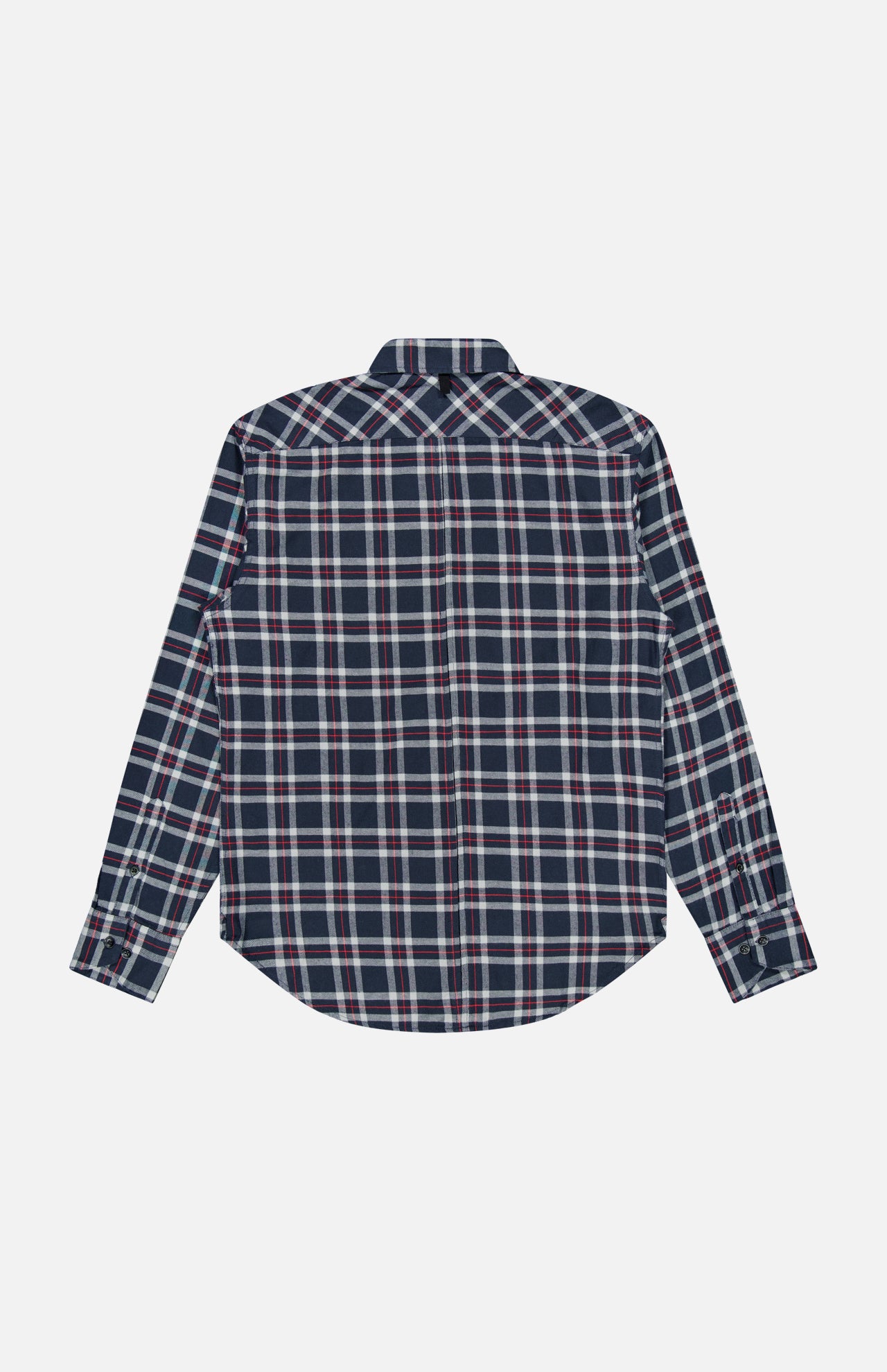 The Tomlin Flannel Shirt by RAG & BONE features long sleeves and a white and red plaid pattern on navy, displayed flat from the back against a white background.