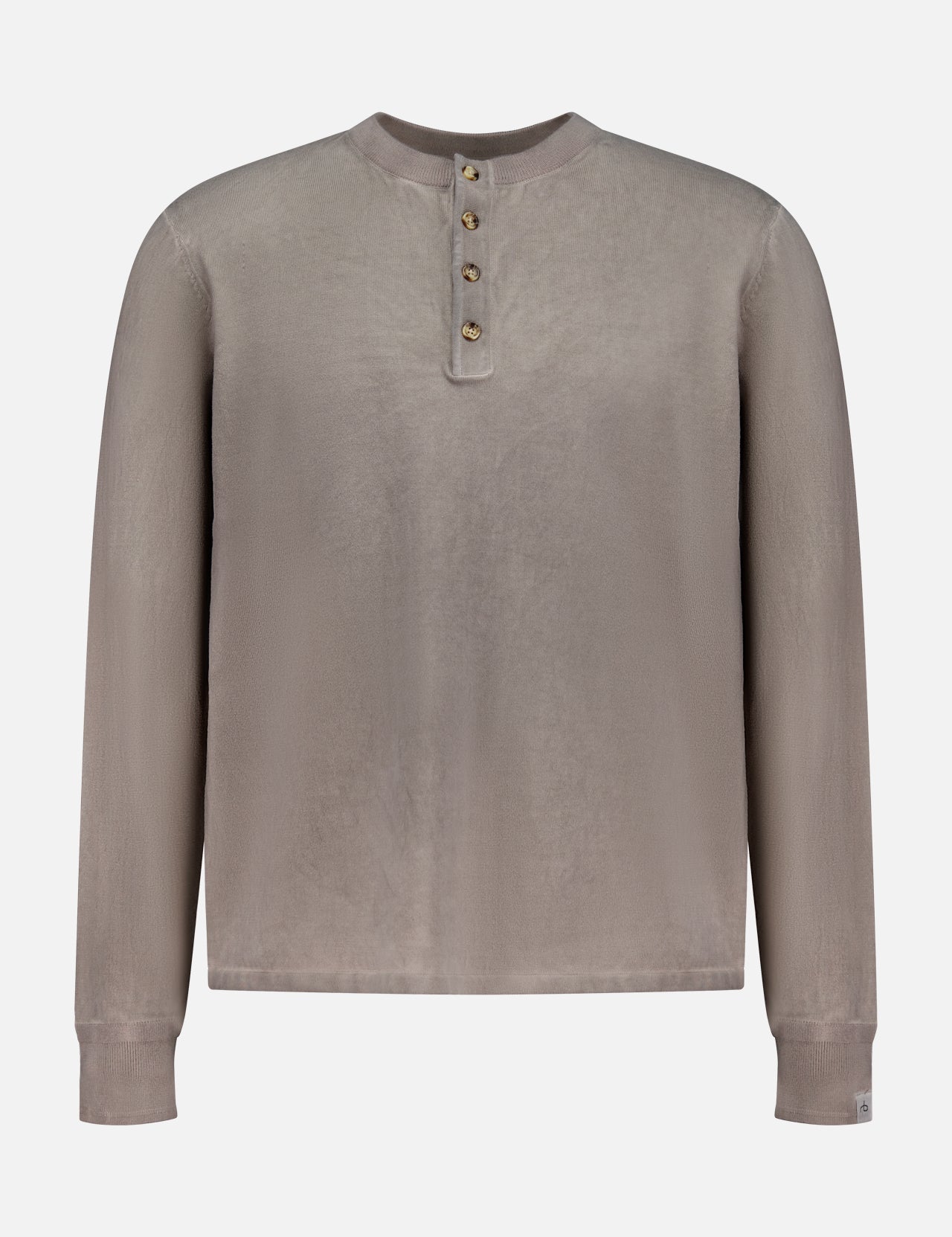 The RAG & BONE Washed Cotton Henley Shirt is a taupe, long-sleeve top with a round neck, four-button placket, cuffed wrists, and a loose fit. Made from cotton yarn, it features a subtle sunfaded look and simple design.