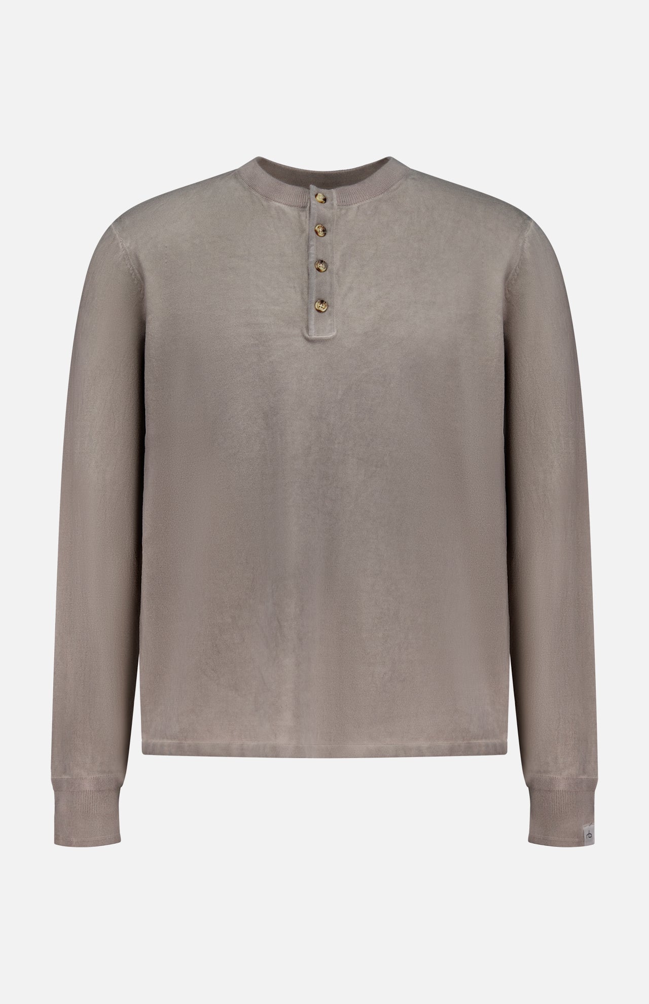The RAG & BONE Washed Cotton Henley Shirt is a taupe, long-sleeve top with a round neck, four-button placket, cuffed wrists, and a loose fit. Made from cotton yarn, it features a subtle sunfaded look and simple design.