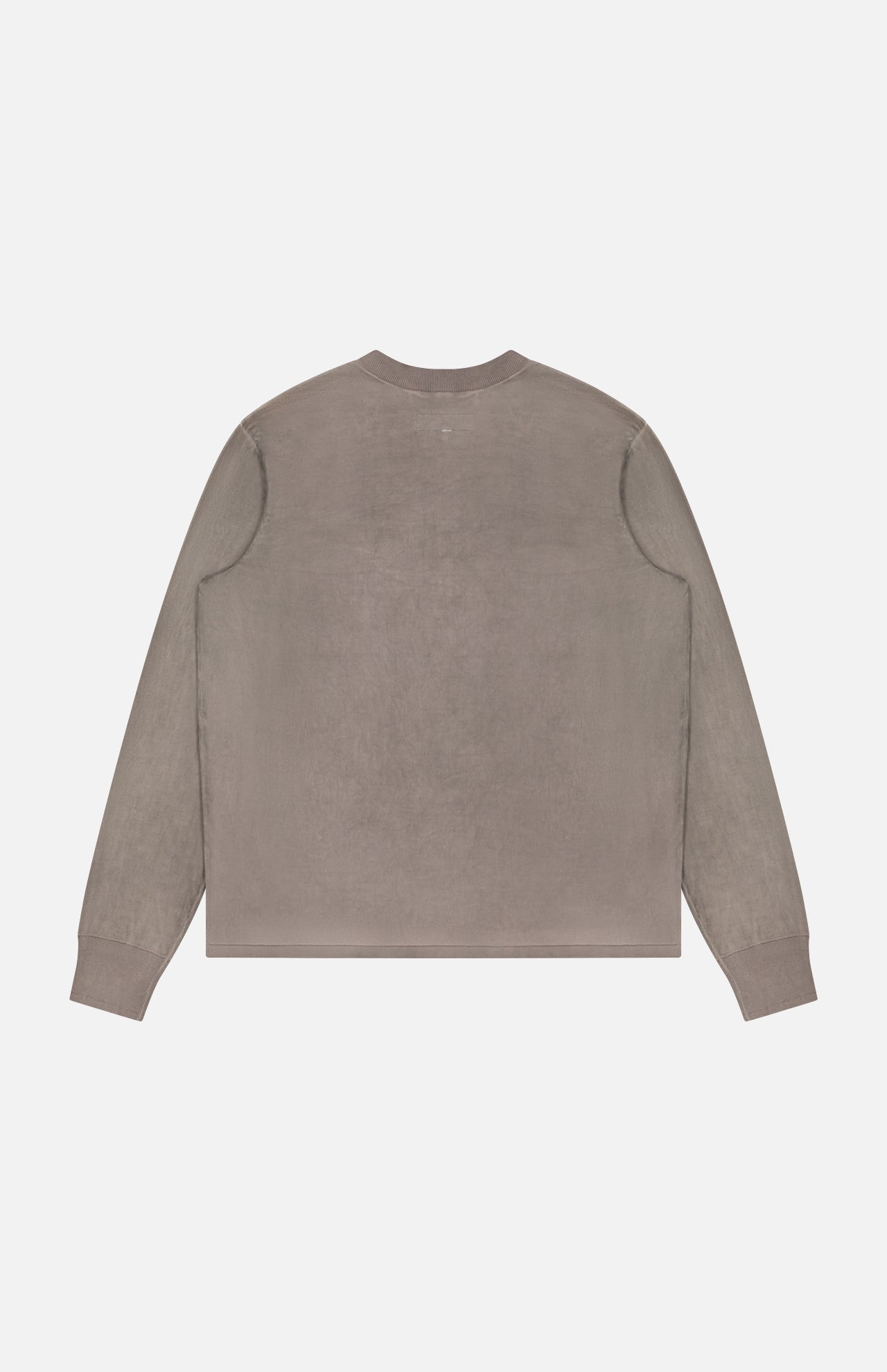 Back view of the RAG & BONE Washed Cotton Henley Shirt in muted taupe, featuring long sleeves and a crew neck. Made from soft cotton yarn, this minimalist shirt has no visible patterns or logos and is shown on a plain white background.