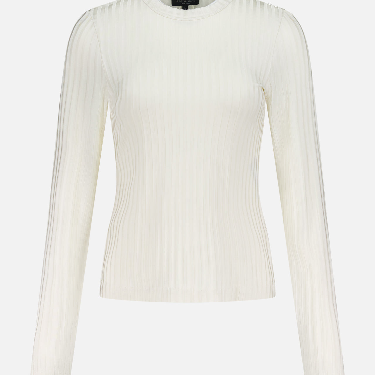 The RAG & BONE Natalia Long Sleeve Ribbed Shirt in cream features a minimalist design with a round neckline, shown against a white background—ideal for fans of versatile neutrals.