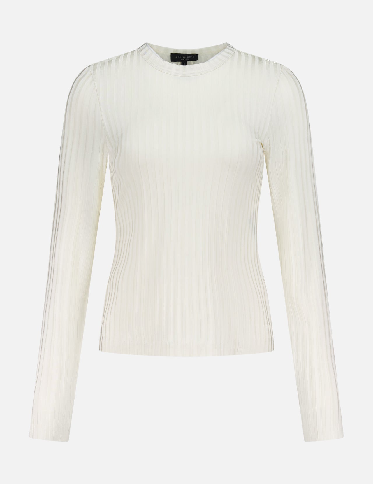 The RAG & BONE Natalia Long Sleeve Ribbed Shirt in cream features a minimalist design with a round neckline, shown against a white background—ideal for fans of versatile neutrals.