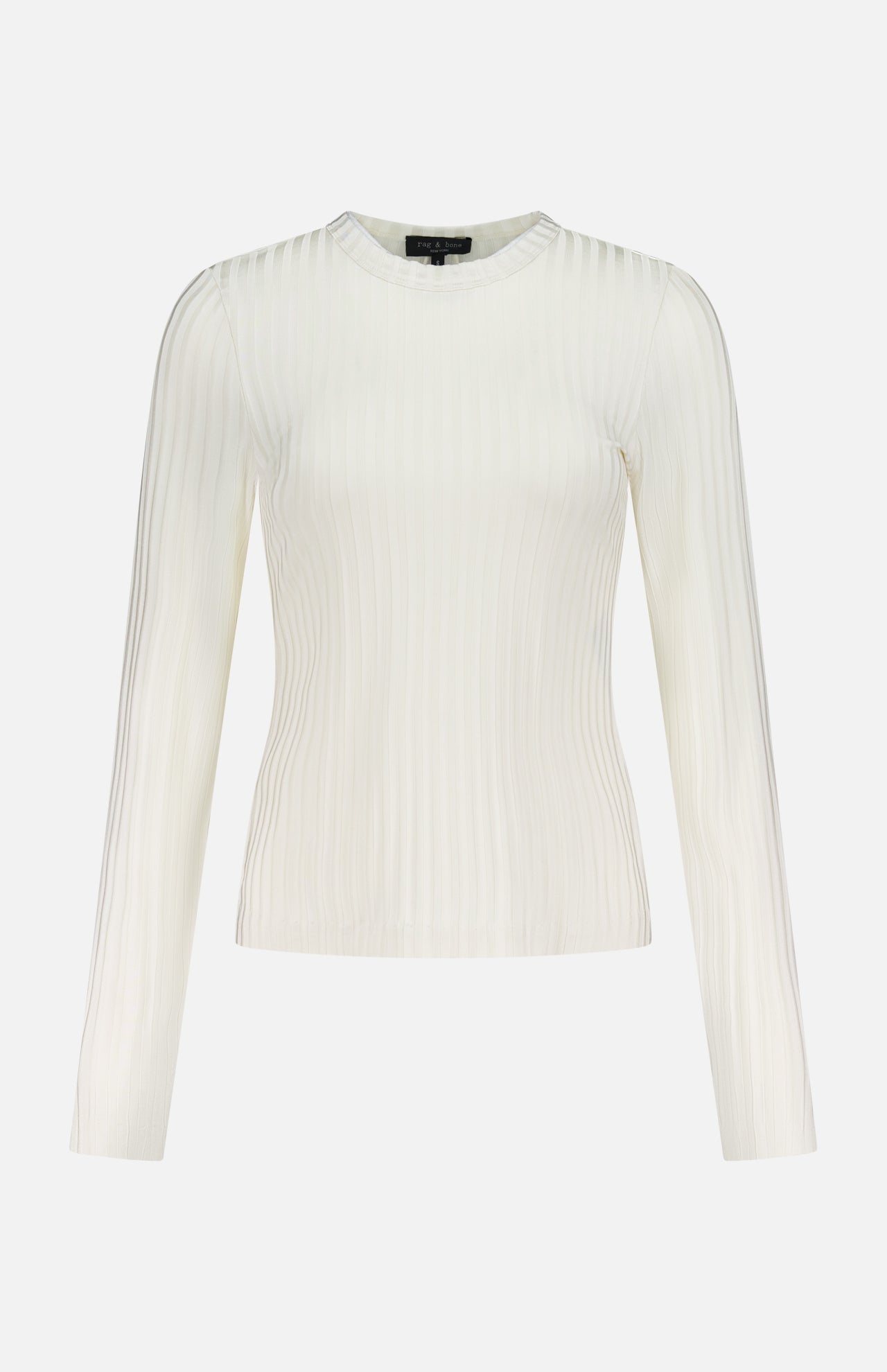 The RAG & BONE Natalia Long Sleeve Ribbed Shirt in cream features a minimalist design with a round neckline, shown against a white background—ideal for fans of versatile neutrals.