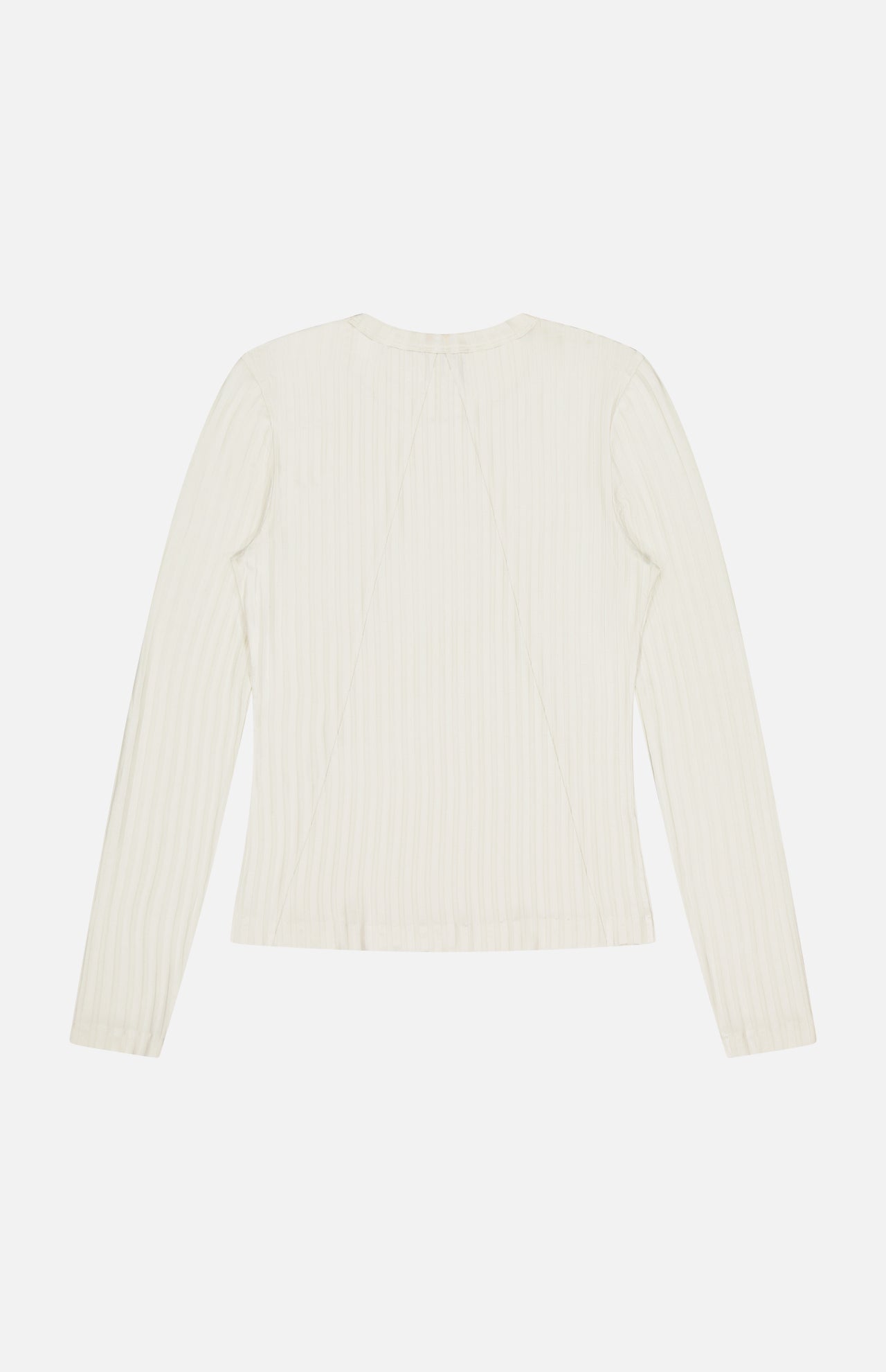 The RAG & BONE Natalia Long Sleeve Ribbed Shirt in ivory is shown from the back, laid flat on a white background. It features a round neck and subtle vertical ribbing for a minimalist, versatile look.