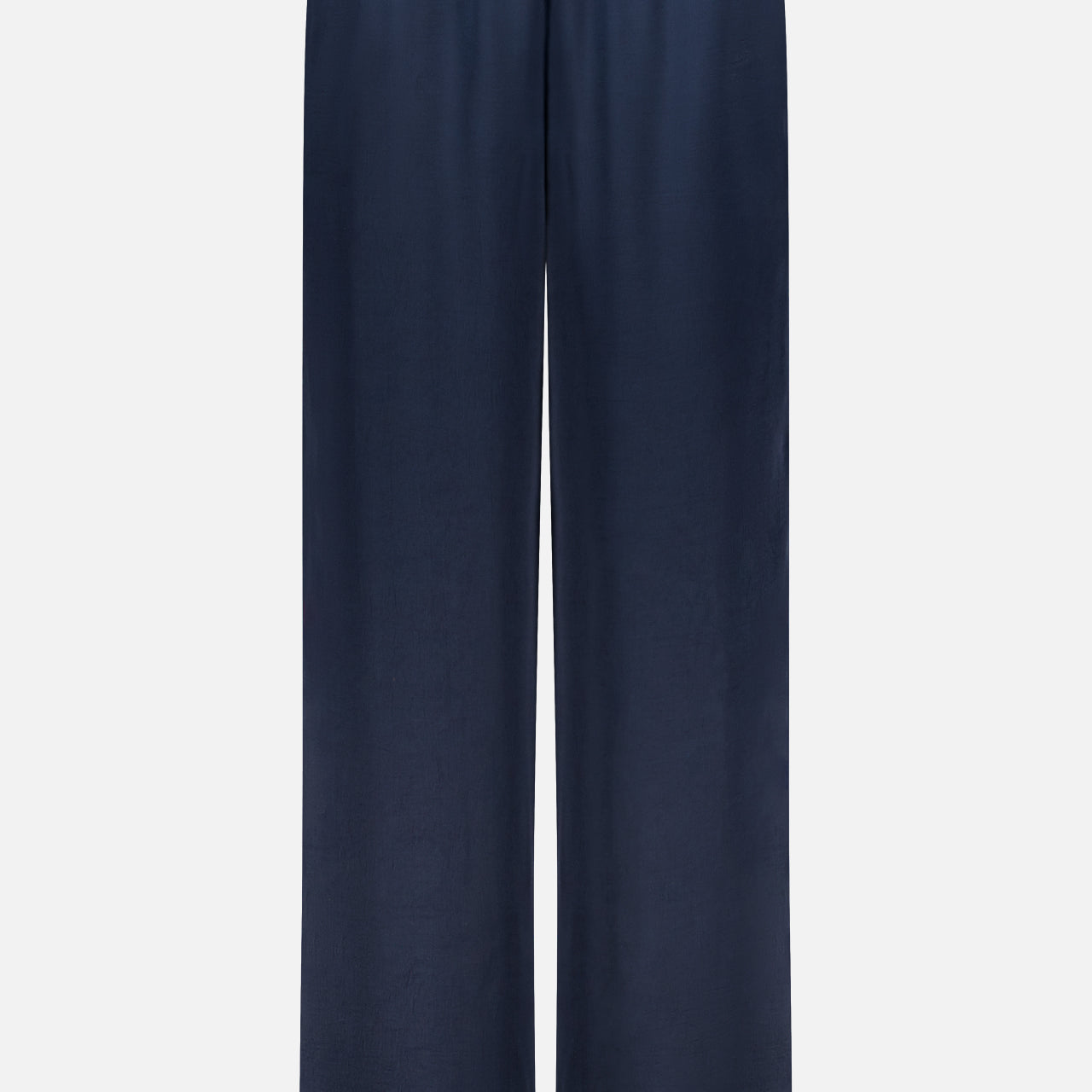 The Olivia Contrast Stripe Pant by RAG & BONE features a navy blue satin wide-leg silhouette with a relaxed fit and elastic waistband, displayed against a plain white background.