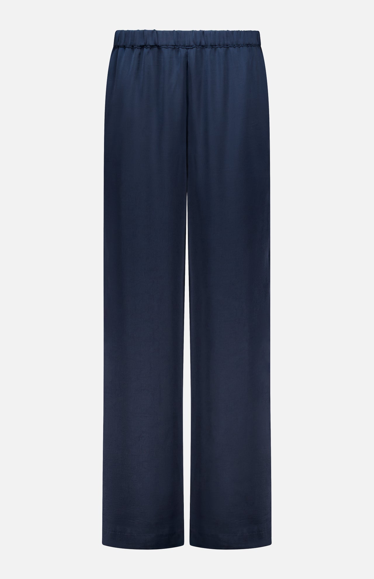 The Olivia Contrast Stripe Pant by RAG & BONE features a navy blue satin wide-leg silhouette with a relaxed fit and elastic waistband, displayed against a plain white background.