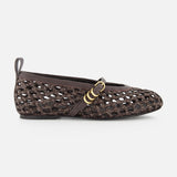 The Spire Mary Jane Faux Leather Flats by RAG & BONE feature a brown woven design, closed toe, thin dark strap with two gold buckles, flat sole, and a heel loop for easy wear.