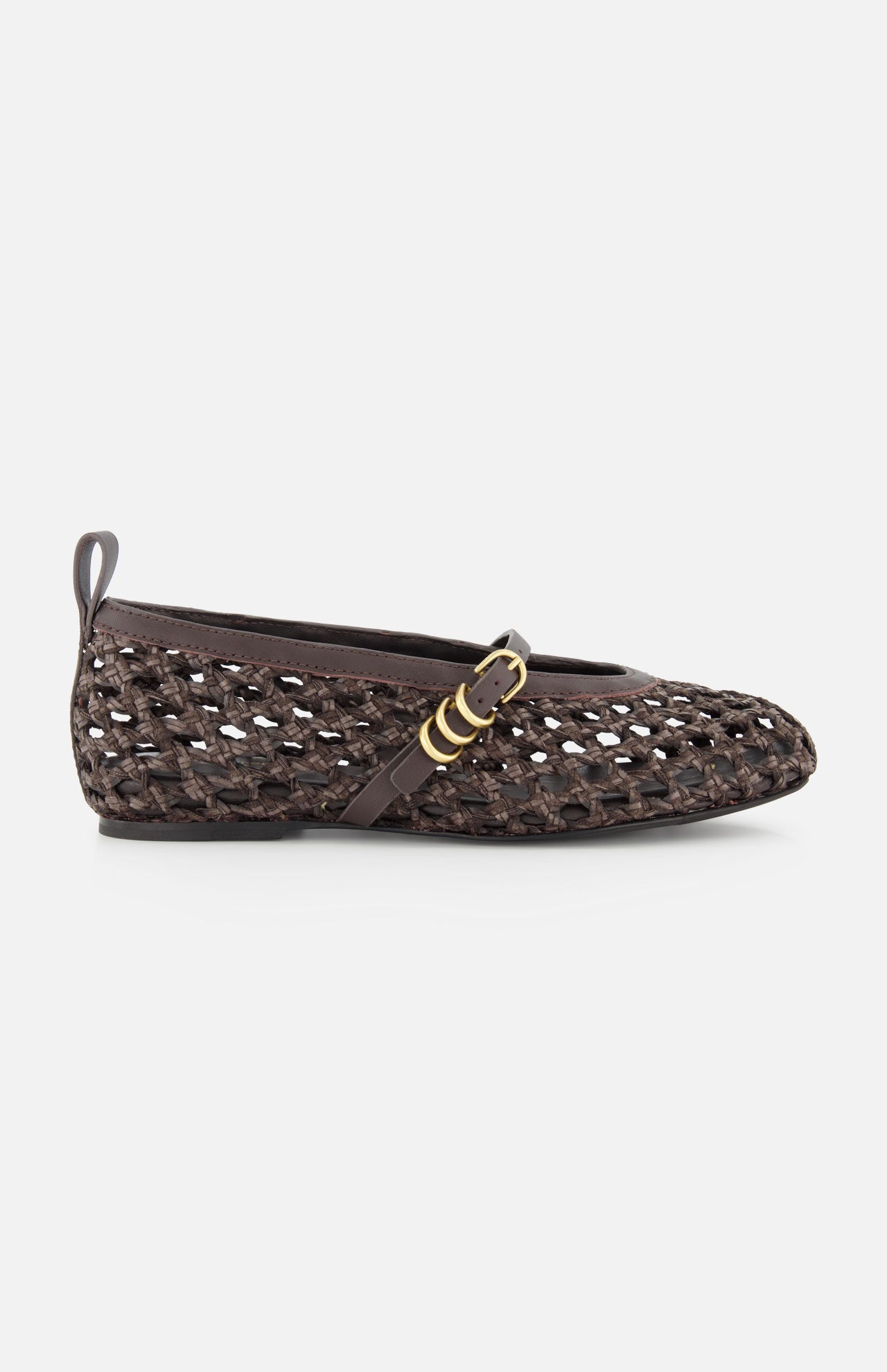 The Spire Mary Jane Faux Leather Flats by RAG & BONE feature a brown woven design, closed toe, thin dark strap with two gold buckles, flat sole, and a heel loop for easy wear.