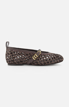 The Spire Mary Jane Faux Leather Flats by RAG & BONE feature a brown woven design, closed toe, thin dark strap with two gold buckles, flat sole, and a heel loop for easy wear.