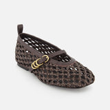 The RAG & BONE Spire Mary Jane Faux Leather Flats feature a single brown woven design with a rounded toe, thin strap, and gold buckle accents, shown against a plain white background.