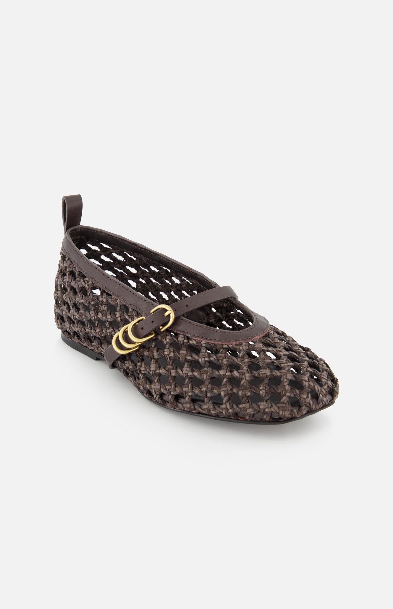 The RAG & BONE Spire Mary Jane Faux Leather Flats feature a single brown woven design with a rounded toe, thin strap, and gold buckle accents, shown against a plain white background.