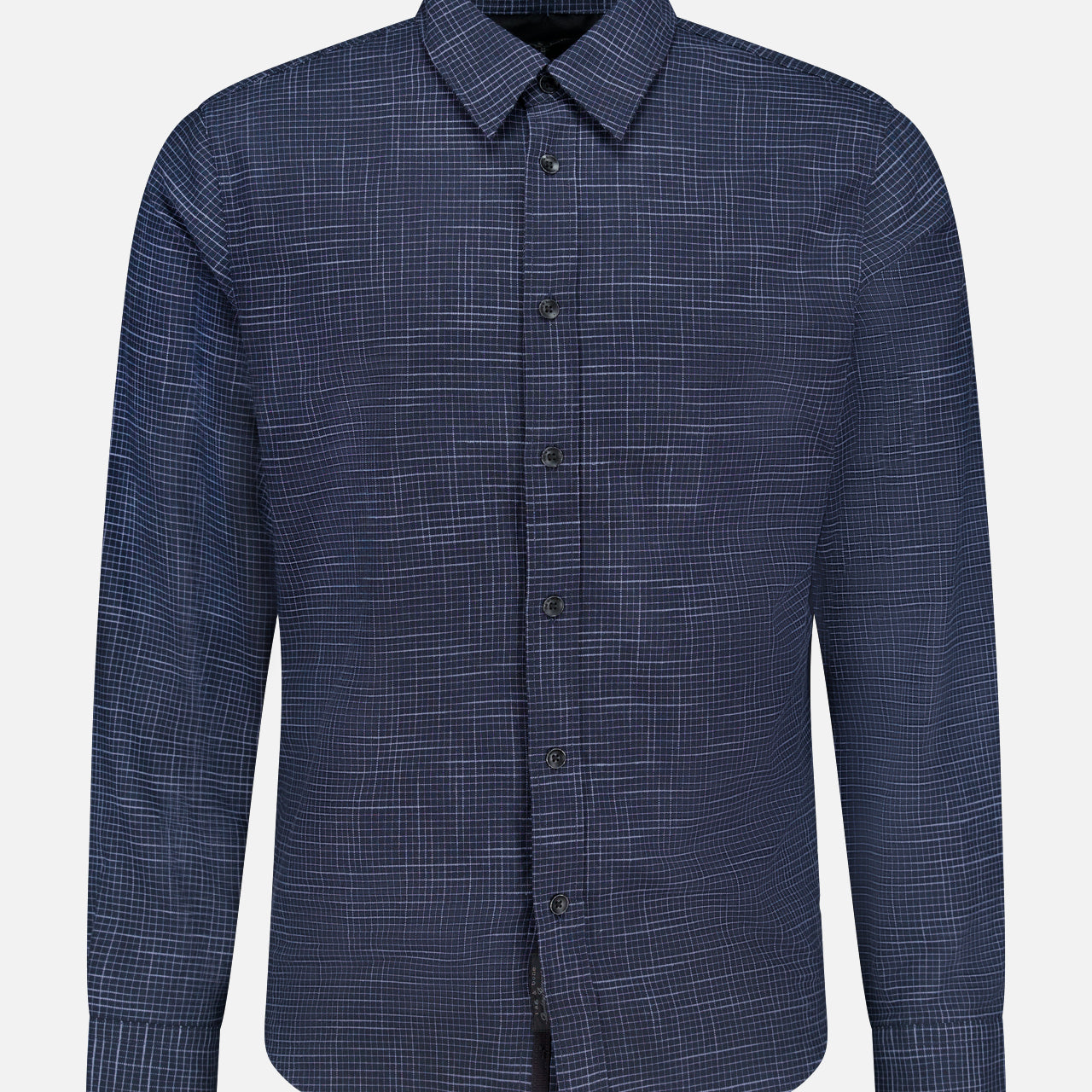 The RAG & BONE Tomlin Crosshatch Pattern Shirt is a modern-fit navy button-up with a subtle grid design, pointed collar, and buttoned cuffs, offering timeless style and contemporary appeal. Displayed on a plain white background.