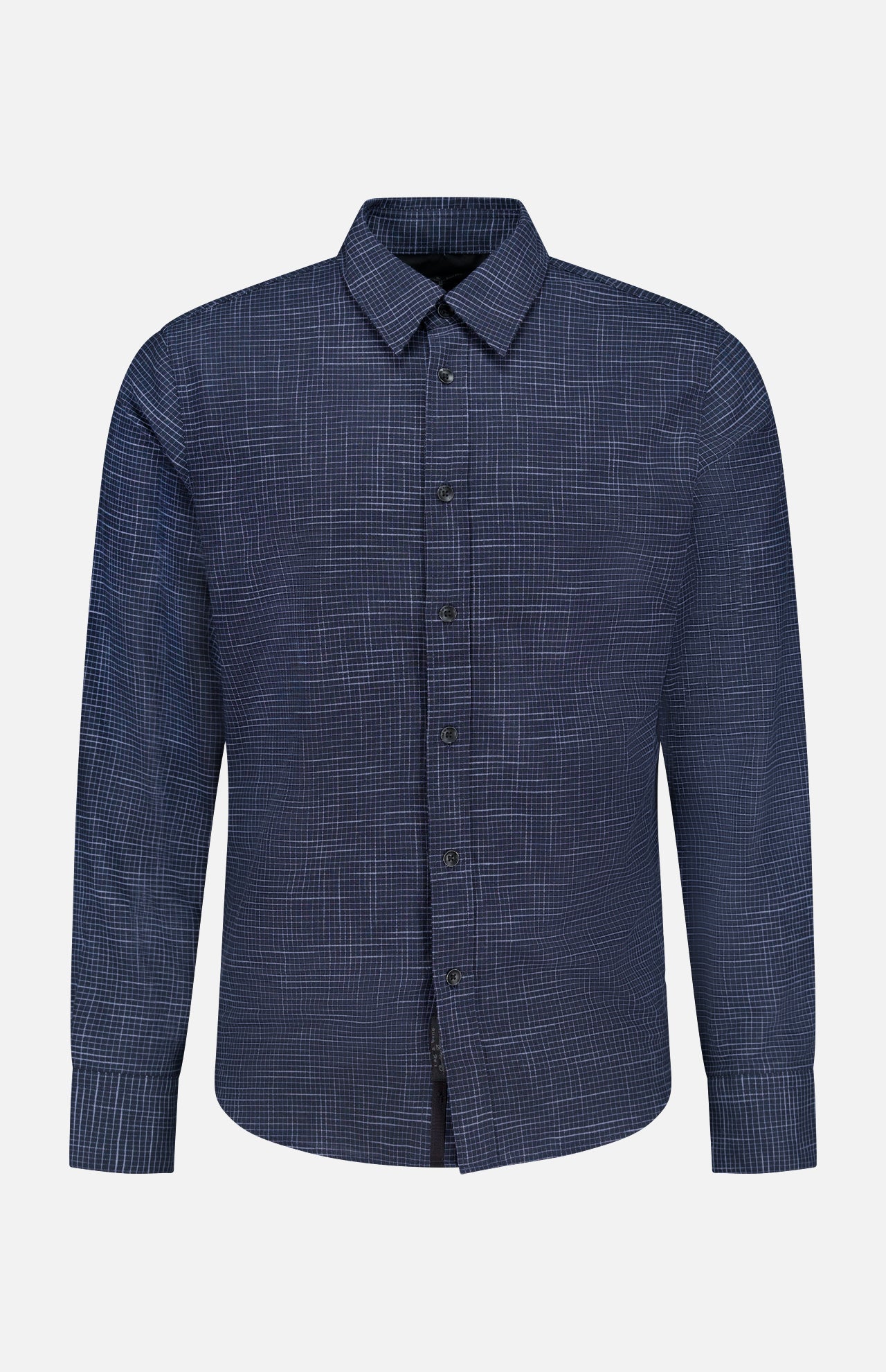 The RAG & BONE Tomlin Crosshatch Pattern Shirt is a modern-fit navy button-up with a subtle grid design, pointed collar, and buttoned cuffs, offering timeless style and contemporary appeal. Displayed on a plain white background.