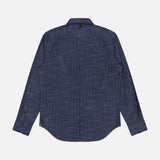 The Tomlin Crosshatch Pattern Shirt by RAG & BONE is a navy blue, cotton, long-sleeve shirt with a subtle plaid design, shown laid flat with the back facing up against a white background.