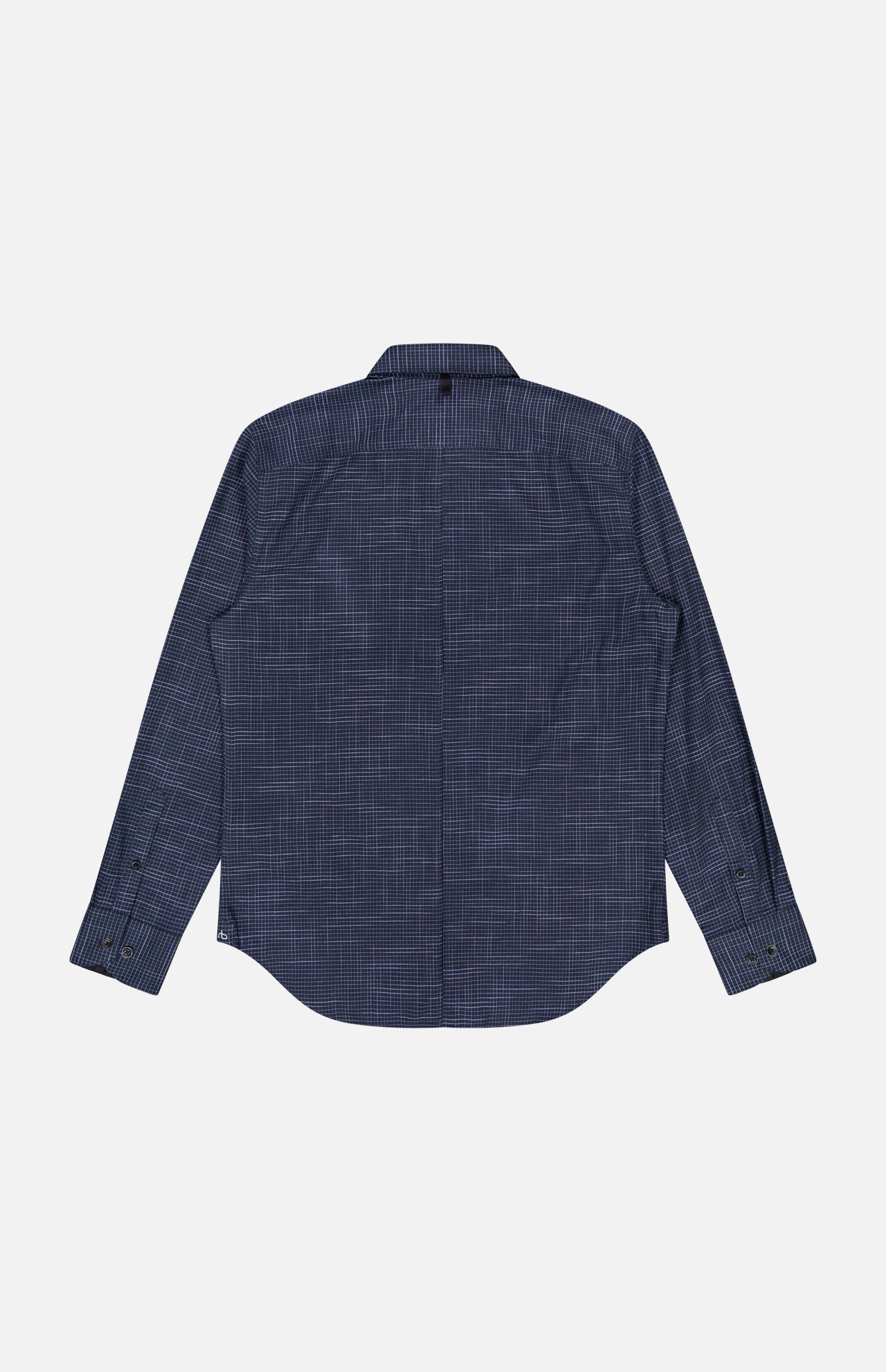 The Tomlin Crosshatch Pattern Shirt by RAG & BONE is a navy blue, cotton, long-sleeve shirt with a subtle plaid design, shown laid flat with the back facing up against a white background.