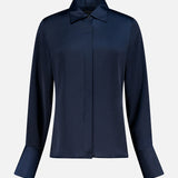 The RAG & BONE Venus Popover Removable Cami Blouse is a dark navy satin, long-sleeved top with a classic collar, concealed button placket, and removable camisole lining, shown on a plain white background.